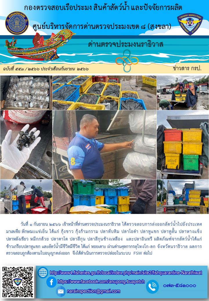 ประชาสัมพันธ์ด่านตรวจประมงนราธิวาส ประจำวันที่ 1 กันยายน 2566..คลิก