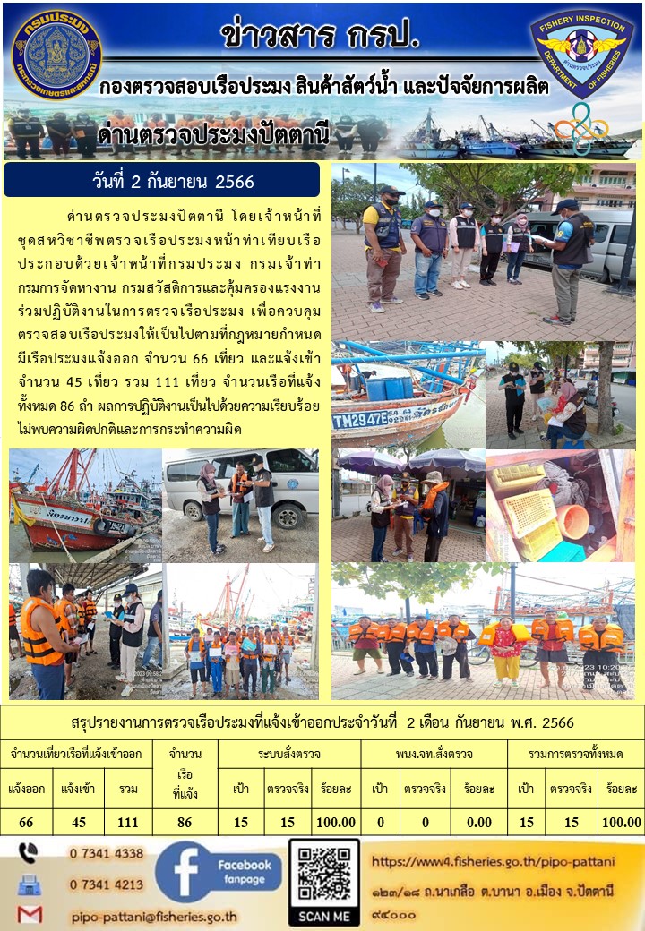 ข่าวสารการปฏิบัติงาน ด่านตรวจประมงปัตตานี วันที่ 2 กันยายน 2566..คลิก
