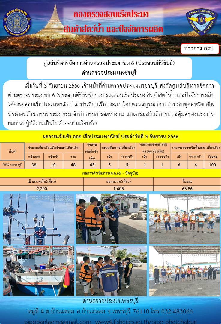 ข่าวประชาสัมพันธ์ ด่านตรวจประมงเพชรบุรี สถิติเรือที่แจ้งเข้า - ออก ประจำวันที่ 3 ก.ย. 2566..คลิก