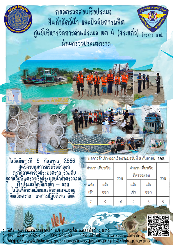ผลการปฏิบัติงานของศูนย์ควบคุมการแจ้งเรือเข้าออกตราด ด่านตรวจประมงตราด ประจำวันที่ 5 กันยายน 2566..คลิก