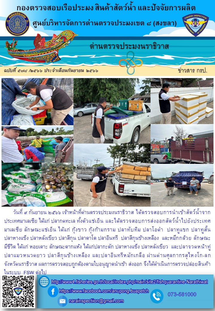 ประชาสัมพันธ์ด่านตรวจประมงนราธิวาส ประจำวันที่ 9 กันยายน 2566..คลิก