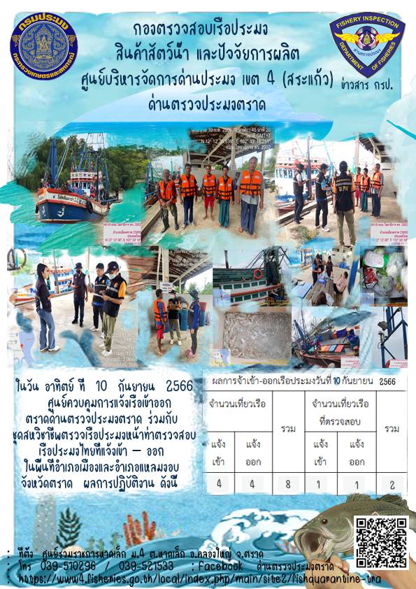 ผลการปฏิบัติงานศูนย์ควบคุมการแจ้งเรือเข้าออกตราด ด่านตรวจประมงตราด ประจำวันที่ 10 กันยายน 2566..คลิก