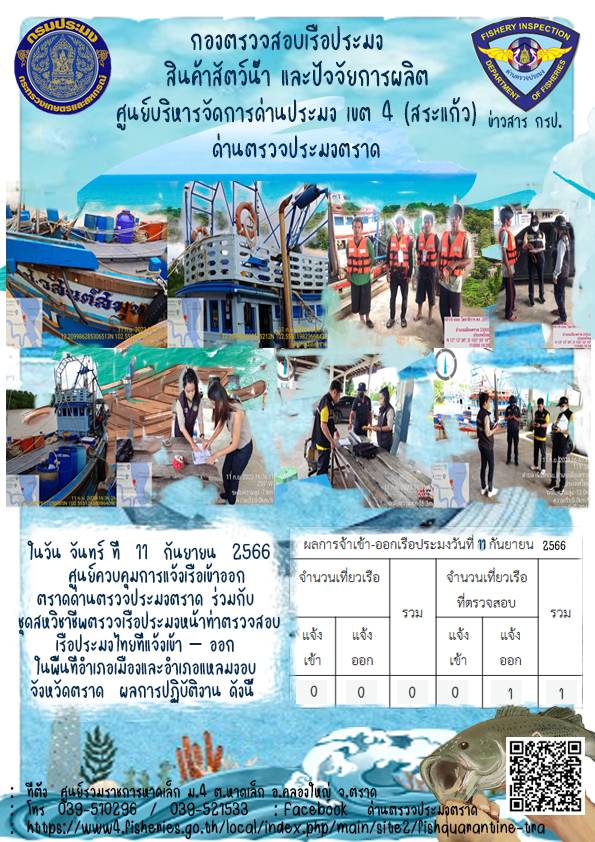 ผลการปฏิบัติงานศูนย์ควบคุมการแจ้งเรือเข้าออกตราด ด่านตรวจประมงตราด ประจำวันที่ 11 กันยายน 2566..คลิก