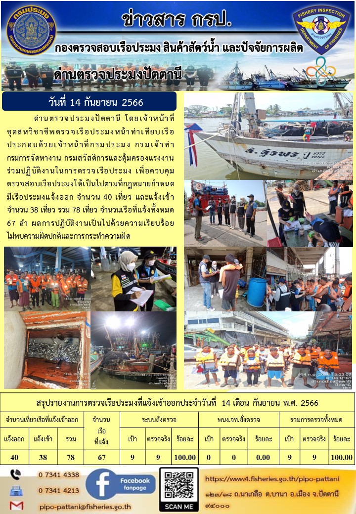 ข่าวสารการปฏิบัติงาน ด่านตรวจประมงปัตตานี วันที่ 14 กันยายน 2566..คลิก