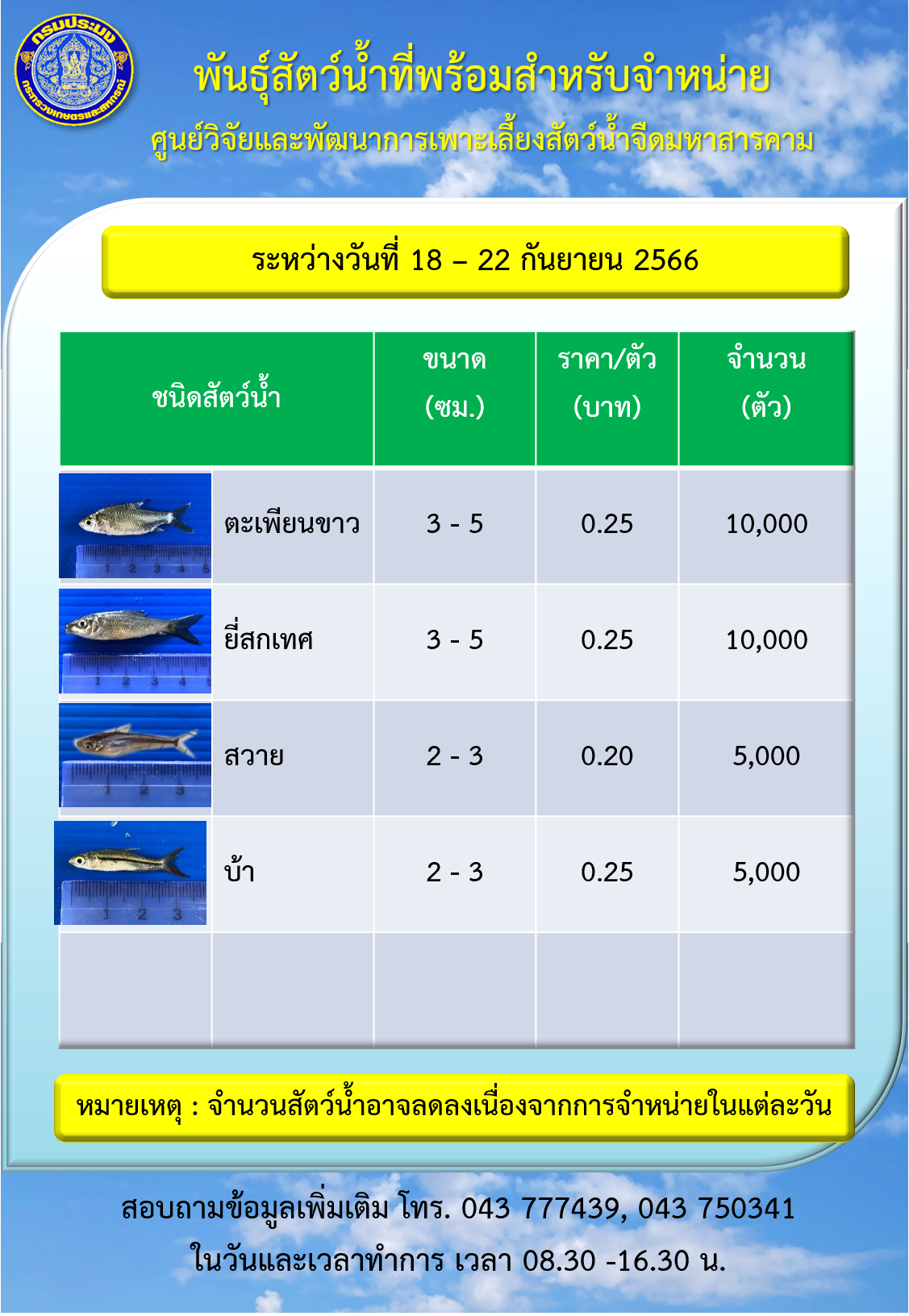 พันธุ์สัตว์น้ำที่พร้อมสำหรับจำหน่าย ระหว่างวันที่ 18 – 22 กันยายน 2566..คลิก