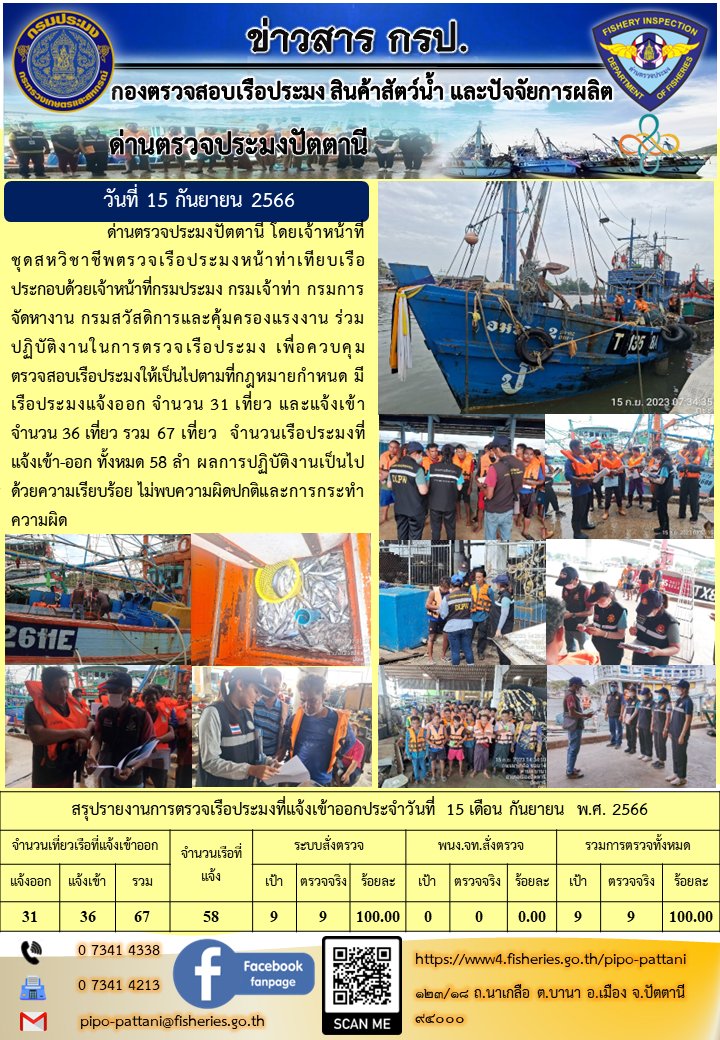 ข่าวสารการปฏิบัติงาน ด่านตรวจประมงปัตตานี วันที่ 15 กันยายน 2566..คลิก