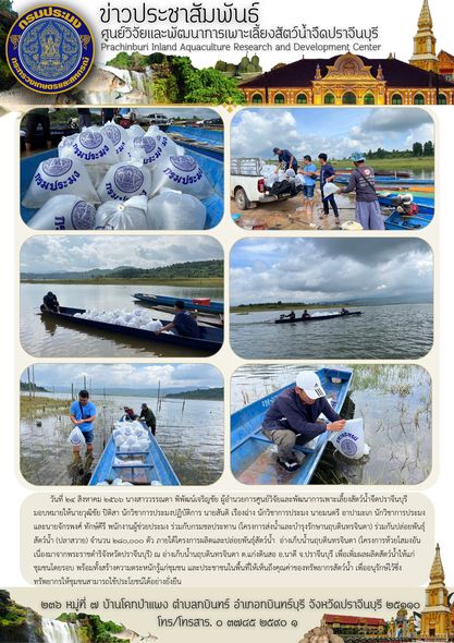 ปล่อยพันธุ์สัตว์น้ำอ่างเก็บน้ำนฤบดินทรจินดา (โครงการห้วยโสมงอันเนื่องมาจากพระราชดำริจังหวัดปราจีนบุรี) วันที่ ๒๔ สิงหาคม ๒๕๖๖..คลิก