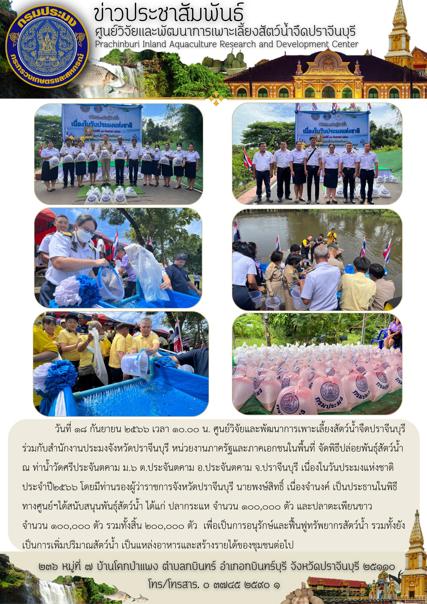 พิธีปล่อยพันธุ์สัตว์น้ำ ณ ท่าน้ำวัดศรีประจันตคาม วันประมงแห่งชาติ ประจำปี ๒๕๖๖ วันที่ ๑๘ กันยายน ๒๕๖๖..คลิก