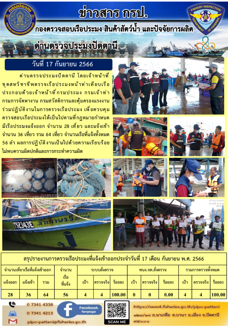 ข่าวสารการปฏิบัติงาน ด่านตรวจประมงปัตตานี วันที่ 17 กันยายน 2566..คลิก