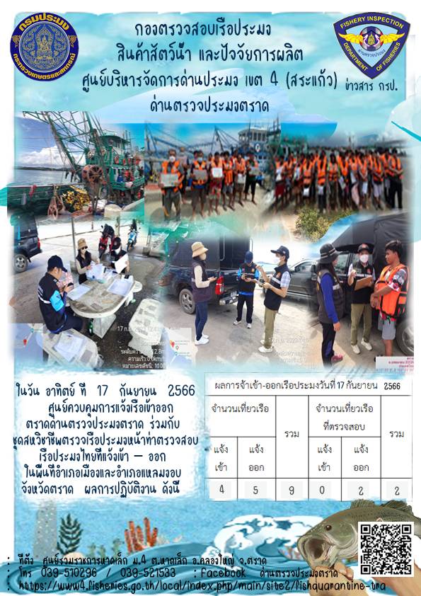 ผลการปฏิบัติงานศูนย์ควบคุมการแจ้งเรือเข้าออกตราด ด่านตรวจประมงตราด ประจำวันที่ 17 กันยายน 2566..คลิก