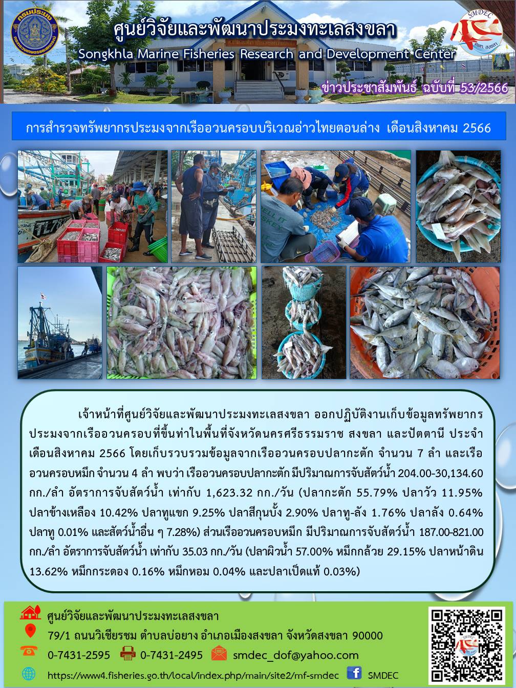 เจ้าหน้าที่ศูนย์วิจัยและพัฒนาประมงทะเลสงขลา ออกปฏิบัติงานเก็บข้อมูลทรัพยากรประมงจากเรืออวนครอบที่ขึ้นท่าในพื้นที่จังหวัดนครศรีธรรมราช สงขลา และปัตตานี ประจำเดือนสิงหาคม 2566 โดยเก็บรวบรวมข้อมูลจากเรืออวนครอบปลากะตัก จำนวน 7 ลำ และเรืออวนครอบหมึก จำนวน 4 ลำ พบว่าเรืออวนครอบปลากะตัก มีปริมาณการจับสัตว์น้ำ 204.00-30,134.60 กก./ลำ อัตราการจับสัตว์น้ำ เท่ากับ 1,623.32 กก./วัน (ปลากะตัก 55.79% ปลาวัว 11.95% ปลาข้างเหลือง 10.42% ปลาทูแขก 9.25% ปลาสีกุนบัง 2.90% ปลาทู-ลัง 1.76% ปลาลัง 0.64% ปลาทู 0.01% และสัตว์น้ำอื่นๆ 7.28%) ส่วนเรืออวนครอบหมึก มีปริมาณการจับสัตว์น้ำ 187.00-821.00 กก./ลำ อัตราการจับสัตว์น้ำ เท่ากับ 35.03 กก./วัน (ปลาผิวน้ำ 57.00% หมึกกล้วย 29.15% ปลาหน้าดิน 13.62% หมึกกระดอง 0.16% หมึกหอม 0.04% และปลาเป็ดแท้ 0.03%)