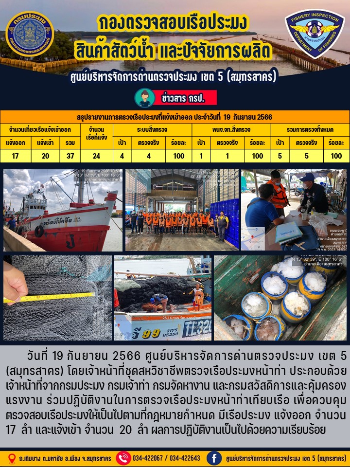 รายงานการตรวจเรือประมงที่แจ้งเข้าออกประจำวันที่ 19 กันยายน 2566..คลิก