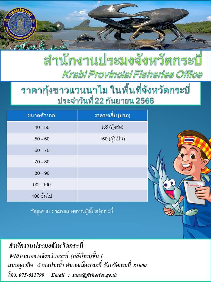 ราคากุ้งขาวประจำวันที่ 22 กันยายน 2566..คลิก