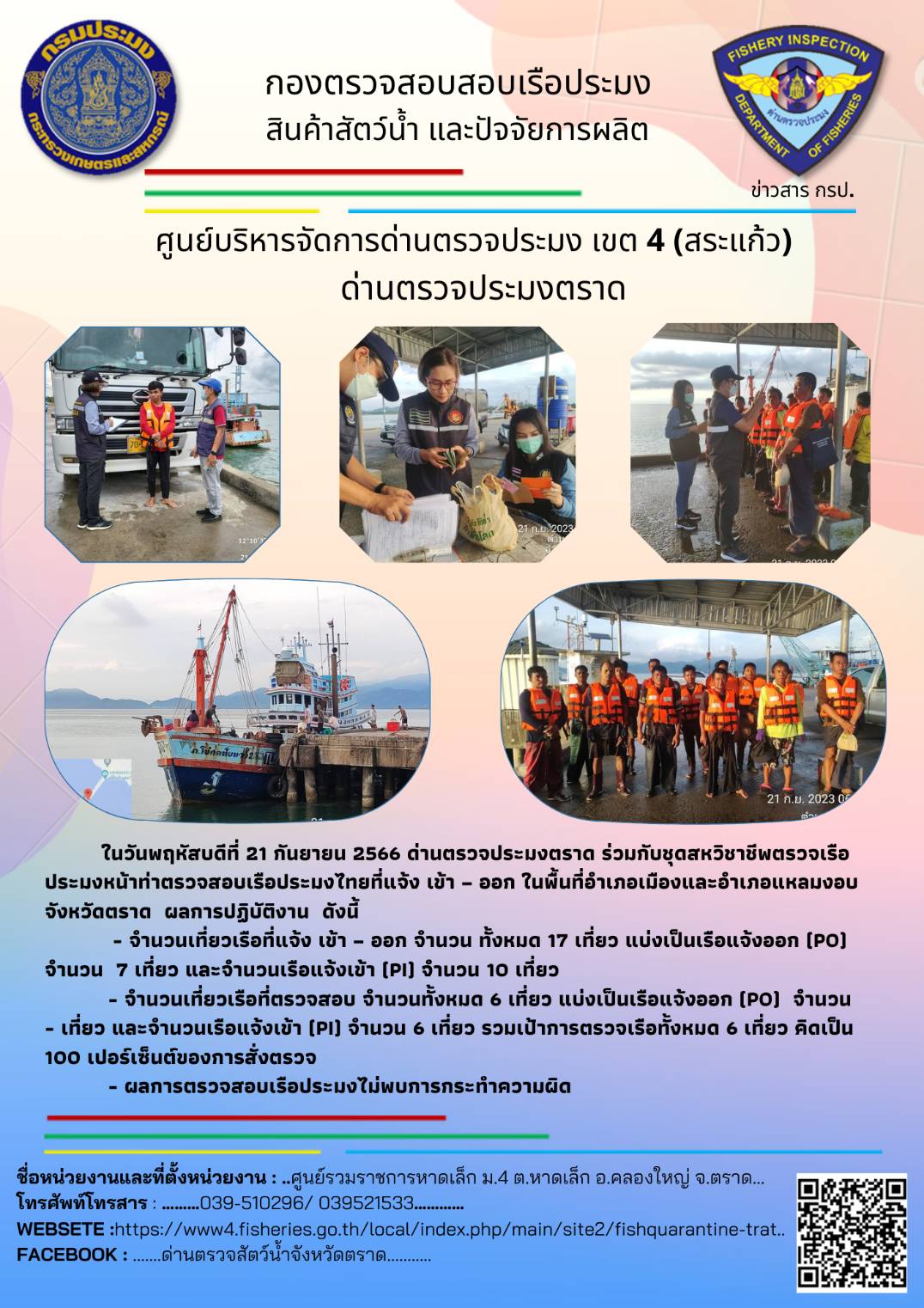 ผลการปฏิบัติงานของศูนย์ควบคุมการแจ้งเรือเข้าออกตราด ด่านตรวจประมงตราด ประจำวันที่ 21 กันยายน 2566..คลิก