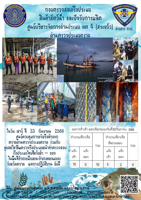 ผลการปฏิบัติงานของศูนย์ควบคุมการแจ้งเรือเข้าออกตราด ด่านตรวจประมงตราด ประจำวันที่ 23 กันยายน 2566..คลิก