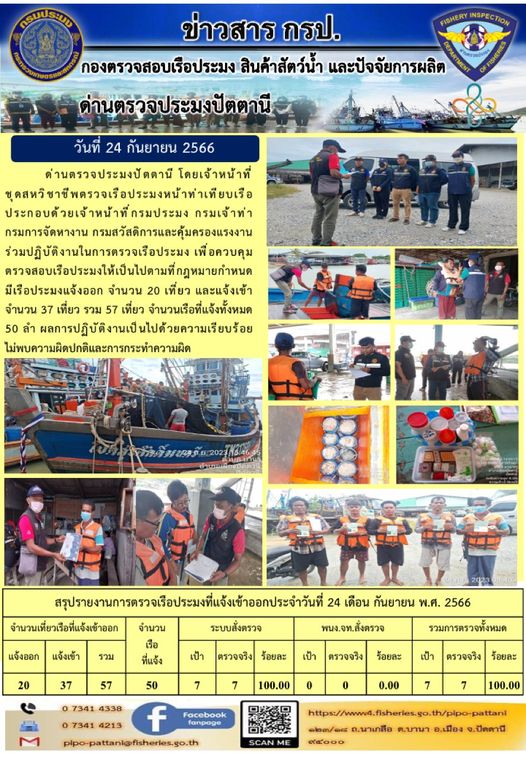 ข่าวสารการปฏิบัติงาน ด่านตรวจประมงปัตตานี วันที่ 24 กันยายน 2566..คลิก