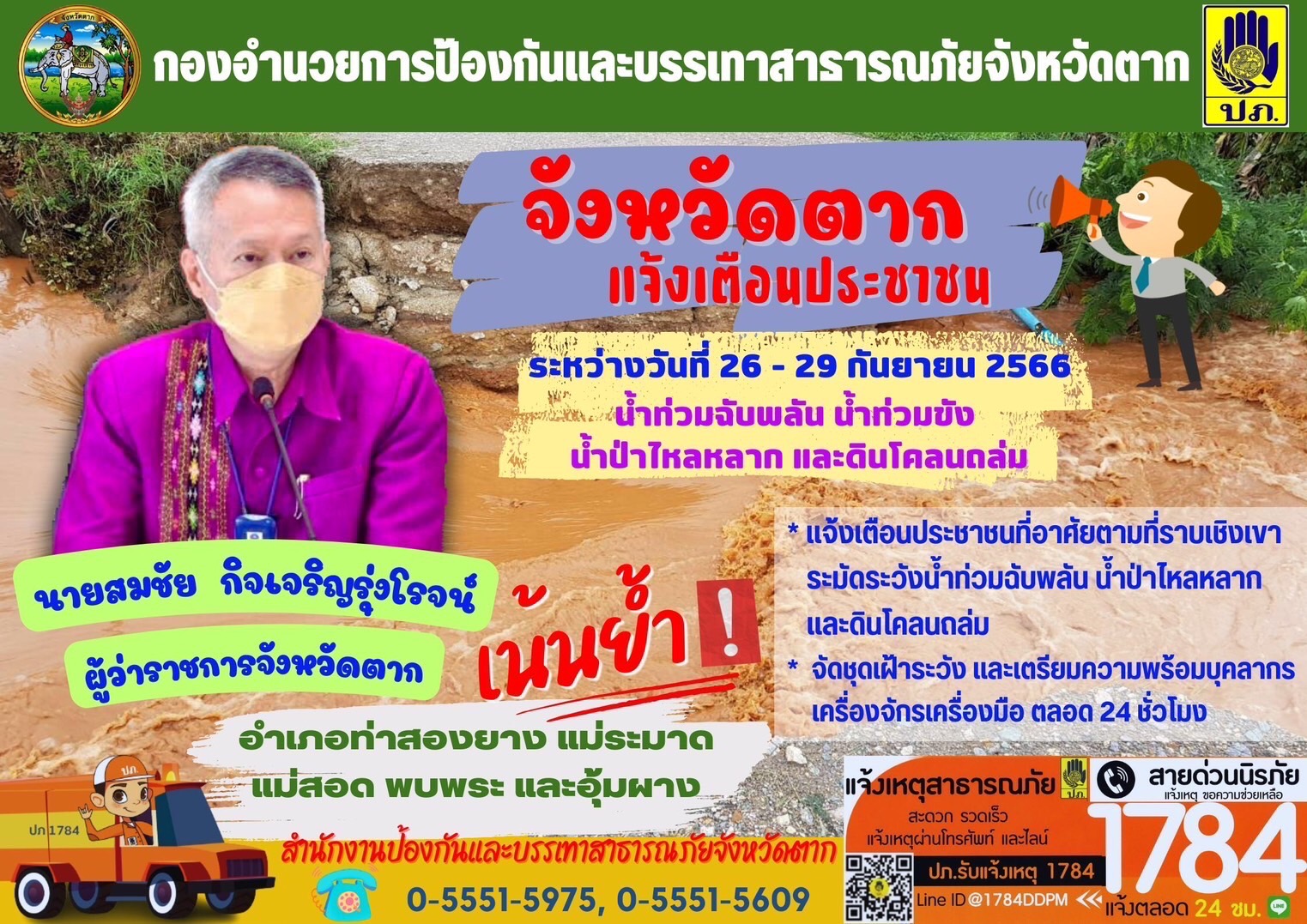 เฝ้าระวังน้ำท่วมฉับพลัน น้ำท่วมขัง น้ำป่าไหลหลาก และดินโคลนถล่ม ระหว่างวันที่ 26-29 กันยายน 2566..คลิก
