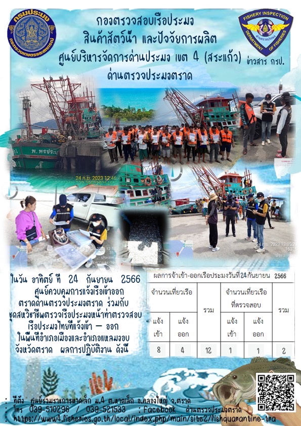 ผลการปฏิบัติงานศูนย์ควบคุมการแจ้งเรือเข้าออกตราด ด่านตรวจประมงตราด ประจำวันที่ 24 กันยายน 2566..คลิก