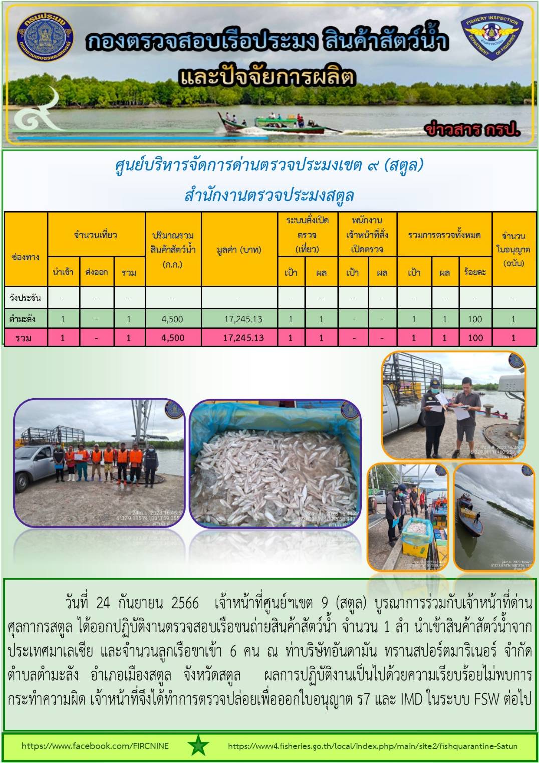 ประชาสัมพันธ์การปฏิบัติงานศูนย์บริหารจัดการด่านตรวจประมงเขต 9 (สตูล) ประจำวันที่ 21-25 กันยายน 2566..คลิก