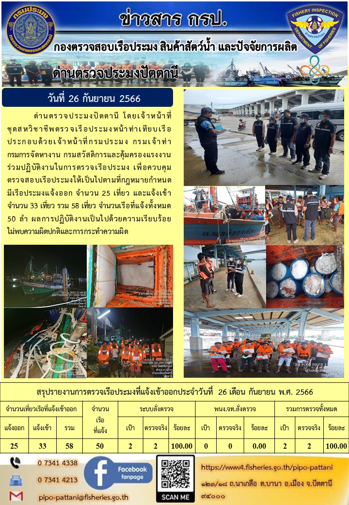 ข่าวสารการปฏิบัติงาน ด่านตรวจประมงปัตตานี วันที่ 26 กันยายน 2566..คลิก