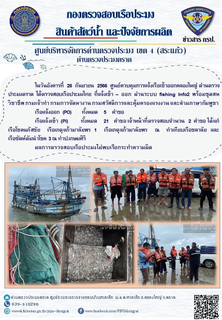 ผลการปฏิบัติงานของศูนย์ควบคุมการแจ้งเรือเข้าออกคลองใหญ่ ด่านตรวจประมงตราด ประจำวันที่ 26 กันยายน 2566..คลิก