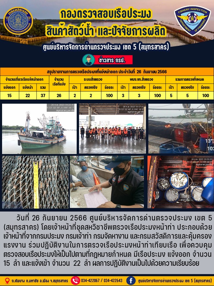 รายงานการตรวจเรือประมงที่แจ้งเข้าออกประจำวันที่ 26 กันยายน 2566..คลิก