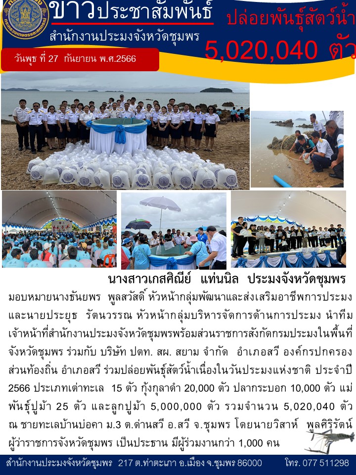 ร่วมปล่อยพันธุ์สัตว์น้ำเนื่องในวันประมงแห่งชาติ ประจำปี 2566..คลิก