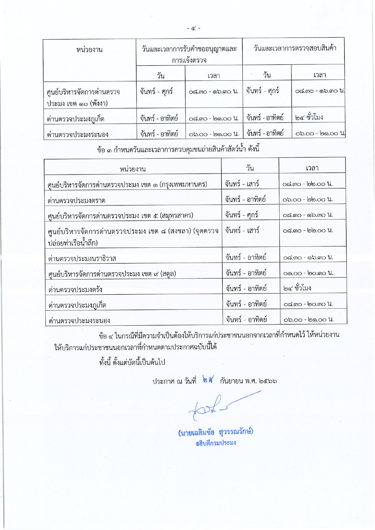 การกำหนดวันและเวลาการรับคำขออนุญาต การขนถ่าย และการตรวจสอบสินค้านำเข้า ส่งออก และนำผ่านสัตว์น้ำ ผลิตภัณฑ์สัตว์น้ำ และปัจจัยการผลิต..คลิก