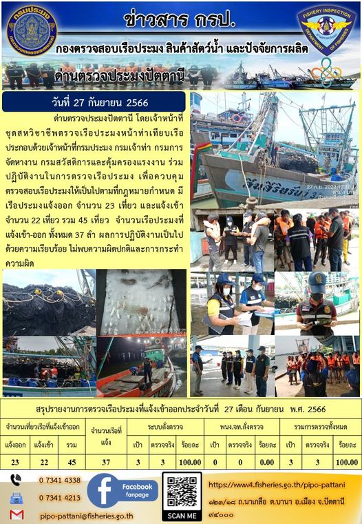 ข่าวสารการปฏิบัติงาน ด่านตรวจประมงปัตตานี วันที่ 27 กันยายน 2566..คลิก