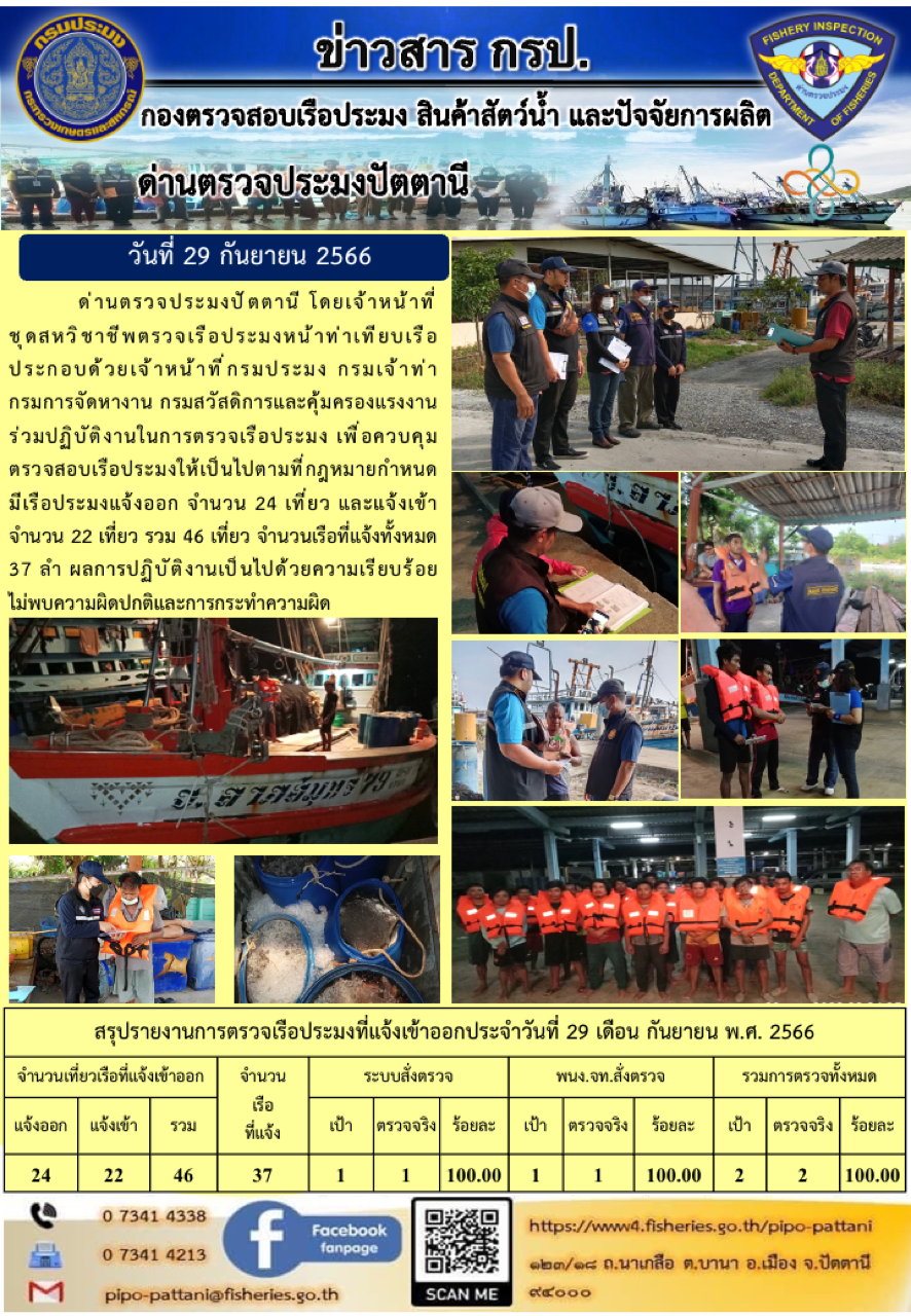 ข่าวสารการปฏิบัติงาน ด่านตรวจประมงปัตตานี วันที่ 29 กันยายน 2566..คลิก
