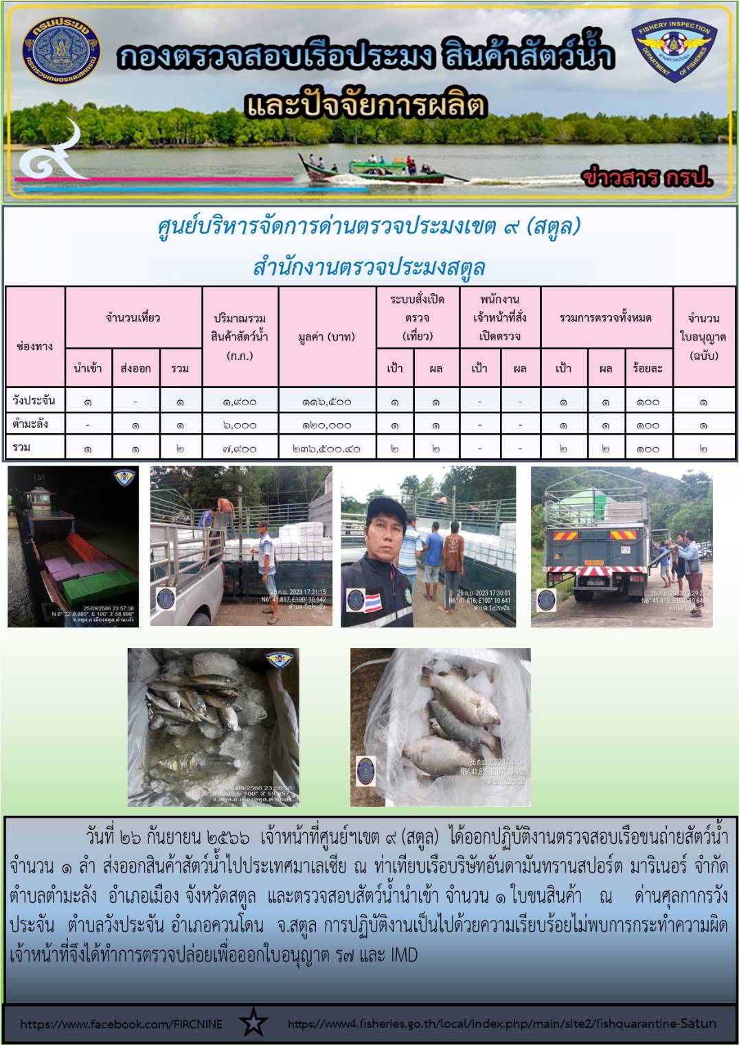 ประชาสัมพันธ์การปฏิบัติงานศูนย์บริหารจัดการด่านตรวจประมงเขต 9 (สตูล) ประจำวันที่ 26-30 กันยายน 2566