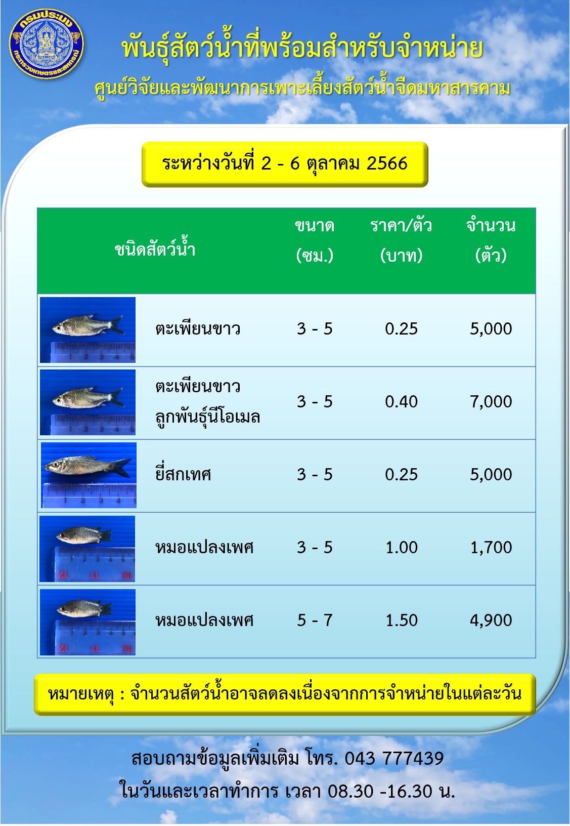 พันธุ์สัตว์น้ำที่พร้อมสำหรับจำหน่าย ระหว่างวันที่ 2 – 6 ตุลาคม 2566..คลิก