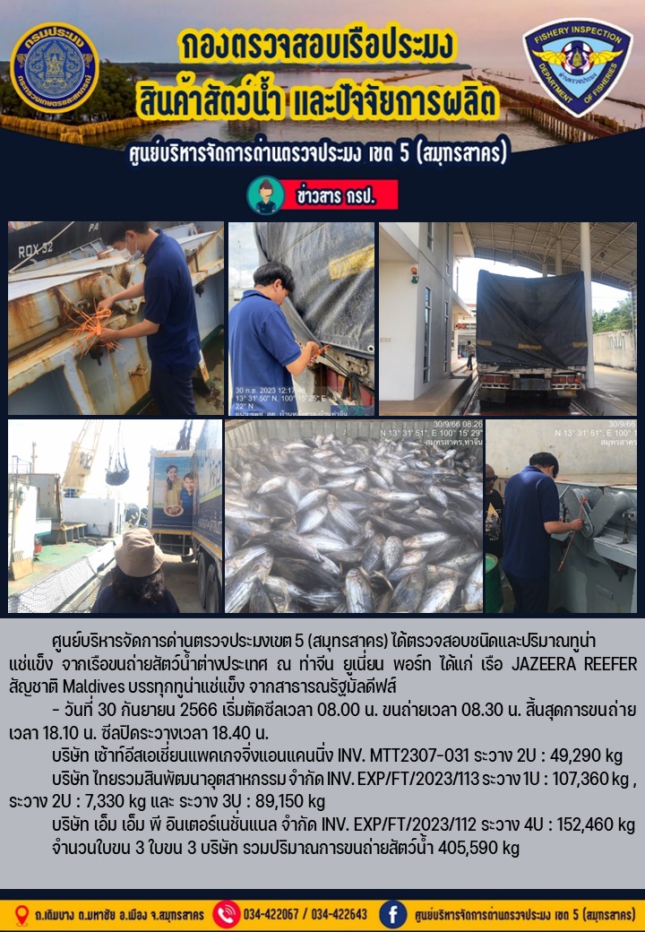 การขนถ่ายทูน่าแช่แข็งจากเรือขนถ่ายสัตว์น้ำ JAZEERA REEFER สัญชาติ Maldives บรรทุกทูน่าแช่แข็งจากประเทศมัลดีฟส์ วันที่ 30 กันยายน 2566..คลิก