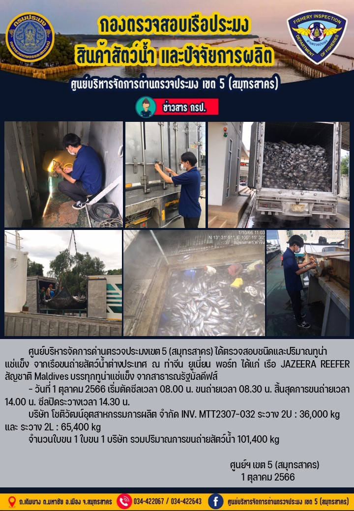 การขนถ่ายทูน่าแช่แข็งจากเรือขนถ่ายสัตว์น้ำ JAZEERA REEFER สัญชาติ Maldives บรรทุกทูน่าแช่แข็งจากประเทศมัลดีฟส์ วันที่ 1 ตุลาคม 2566..คลิก