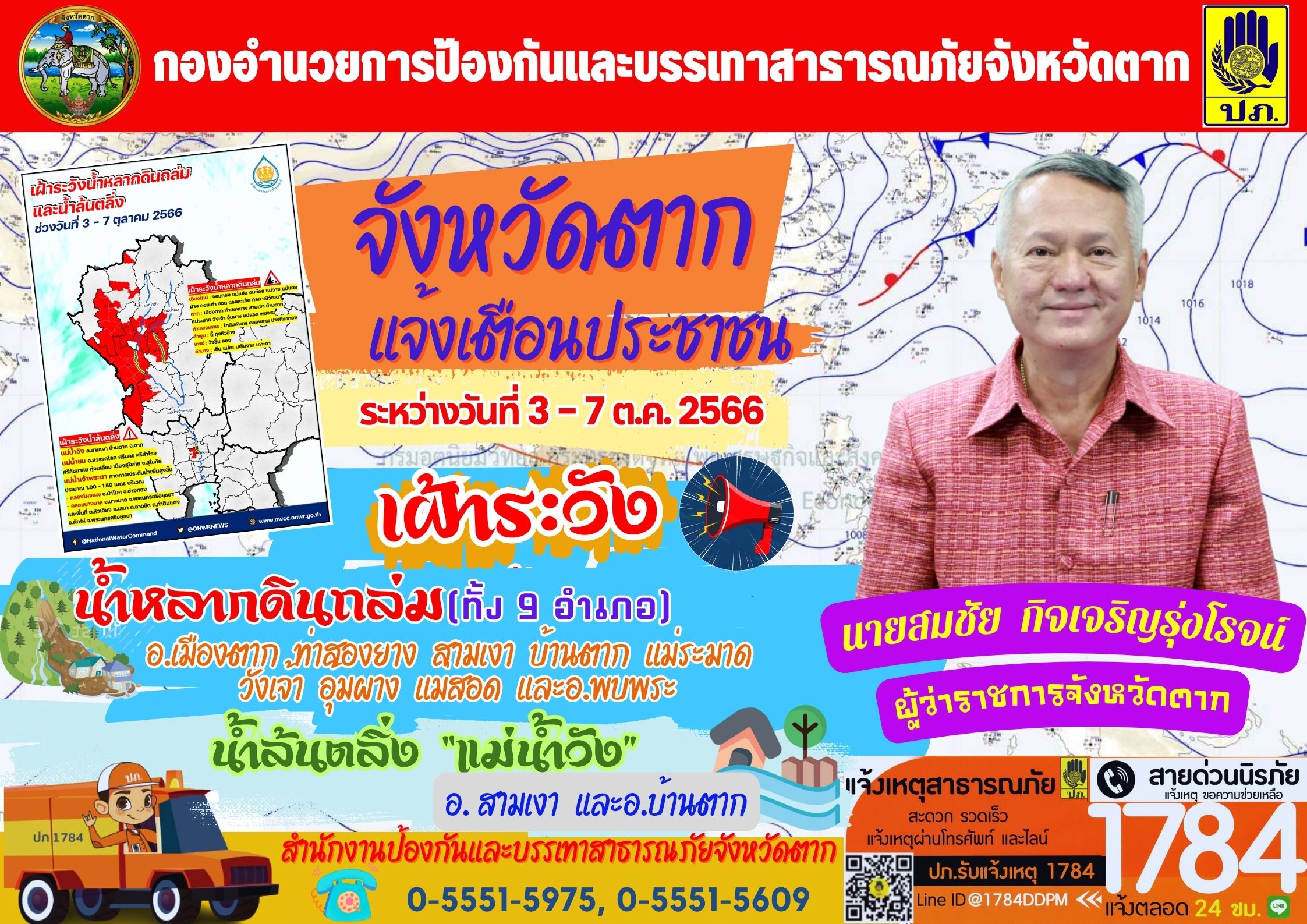 จังหวัดตากแจ้งเตือนประชาชน ระหว่างวันที่ 3-7 ตุลาคม 2566..คลิก