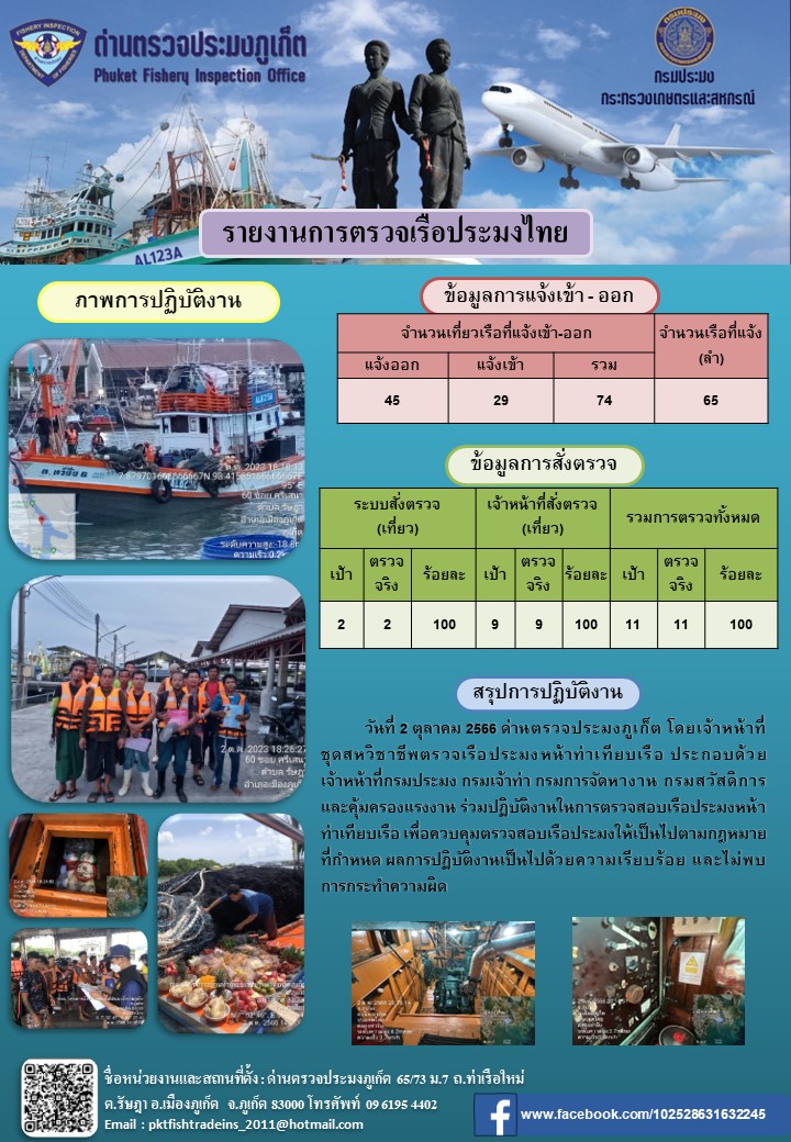 ข่าวประชาสัมพันธ์กิจกรรมการตรวจเรือประมงพาณิชย์แจ้งเข้า - ออก วันที่ 2 ตุลาคม 2566..คลิก