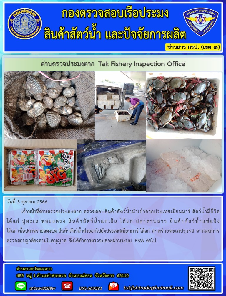 วันที่ 3 ตุลาคม 2566           เจ้าหน้าที่ด่านตรวจประมงตาก ตรวจสอบสินค้าสัตว์น้ำนำเข้าจากประเทศเมียนมาร์ สัตว์น้ำมีชีวิตได้แก่ ปูทะเล หอยแครง สินค้าสัตว์น้ำแช่เย็น ได้แก่ ปลาดาบลาว สินค้าสัตว์น้ำแช่แข็ง ได้แก่ เนื้อปลาทรายแดงบด สินค้าสัตว์น้ำส่งออกไปยังประเทศเมียนมาร์ ได้แก่ สาหร่ายทะเลปรุงรส จากผลการตรวจสอบถูกต้องตามใบอนุญาต จึงได้ทำการตรวจปล่อยผ่านระบบ FSW ต่อไป..คลิก