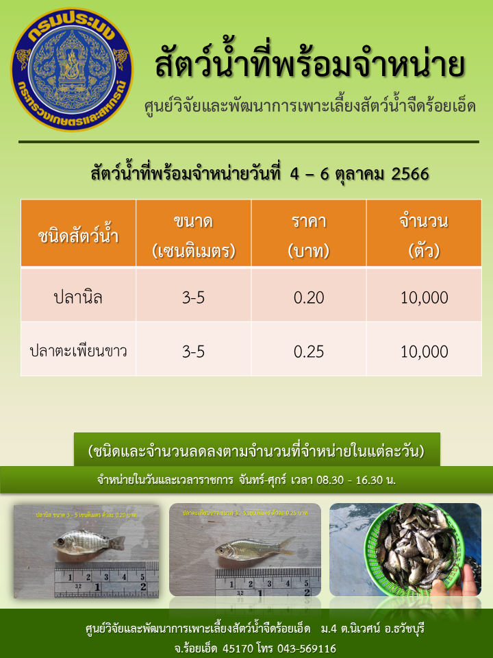 สัตว์น้ำที่พร้อมจำหน่ายวันที่ 4 – 6 ตุลาคม 2566..คลิก