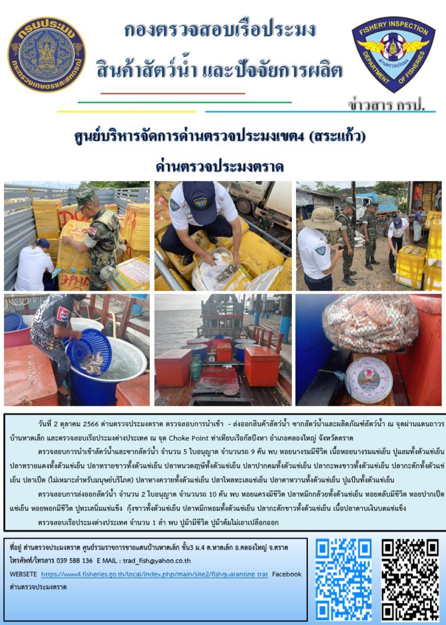 ผลการปฏิบัติงานส่วนงานควบคุมการนำเข้า - ส่งออกสัตว์น้ำ ซากสัตว์น้ำและผลิตภัณฑ์สัตว์น้ำ ด่านตรวจประมงตราด ประจำวันที่ 2 ตุลาคม 2566..คลิก