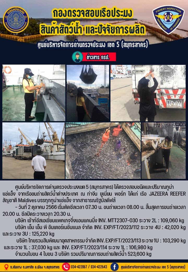 การขนถ่ายทูน่าแช่แข็งจากเรือขนถ่ายสัตว์น้ำ JAZEERA REEFER สัญชาติ Maldives บรรทุกทูน่าแช่แข็งจากประเทศมัลดีฟส์ วันที่ 2 ตุลาคม 2566..คลิก