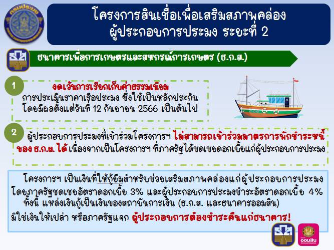 โครงการสินเชื่อเพื่อเสริมสภาพคล่องผู้ประกอบการประมง ระยะที่ 2..คลิก