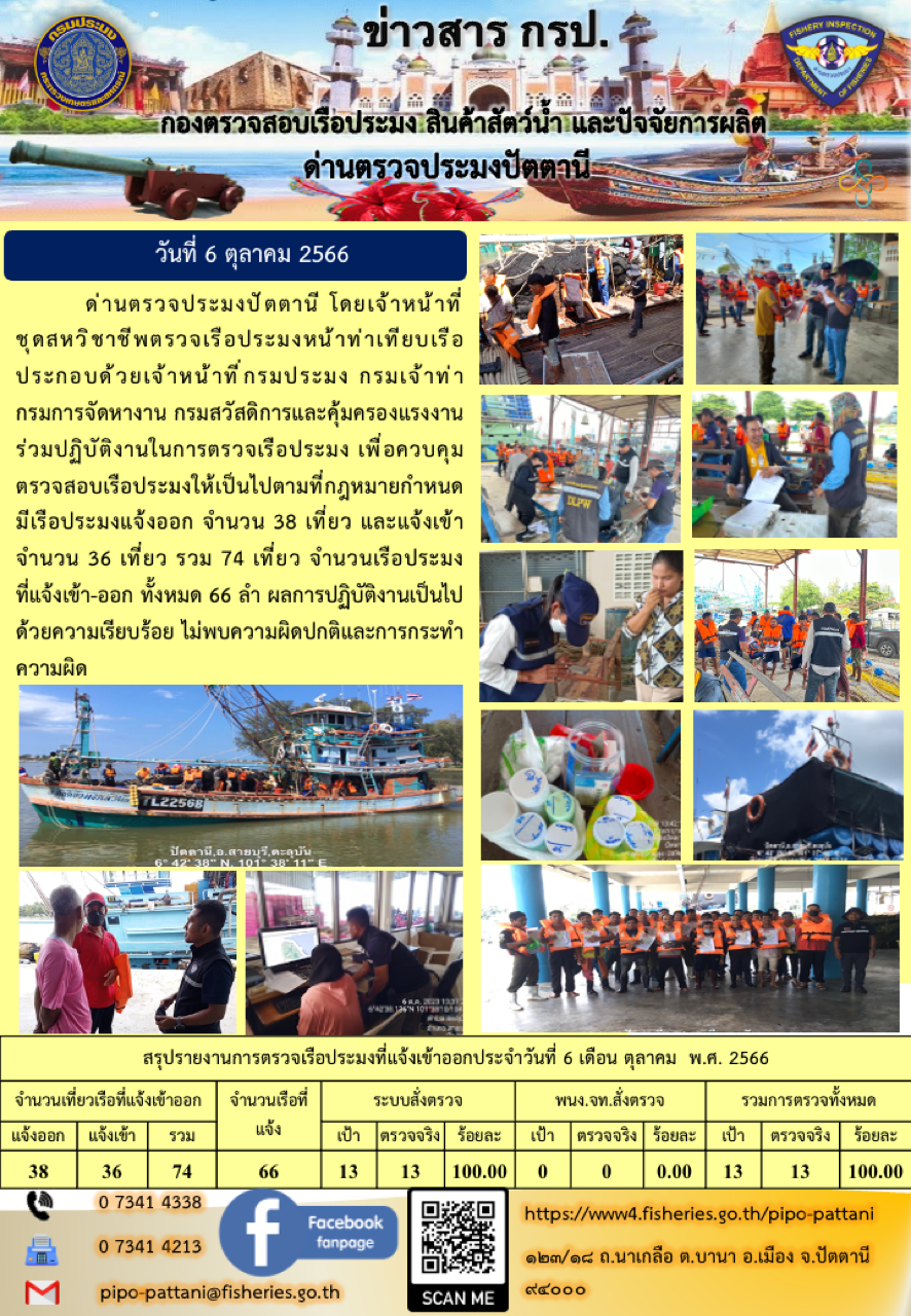 ข่าวสารการปฏิบัติงาน ด่านตรวจประมงปัตตานี วันที่ 6 ตุลาคม 2566..คลิก