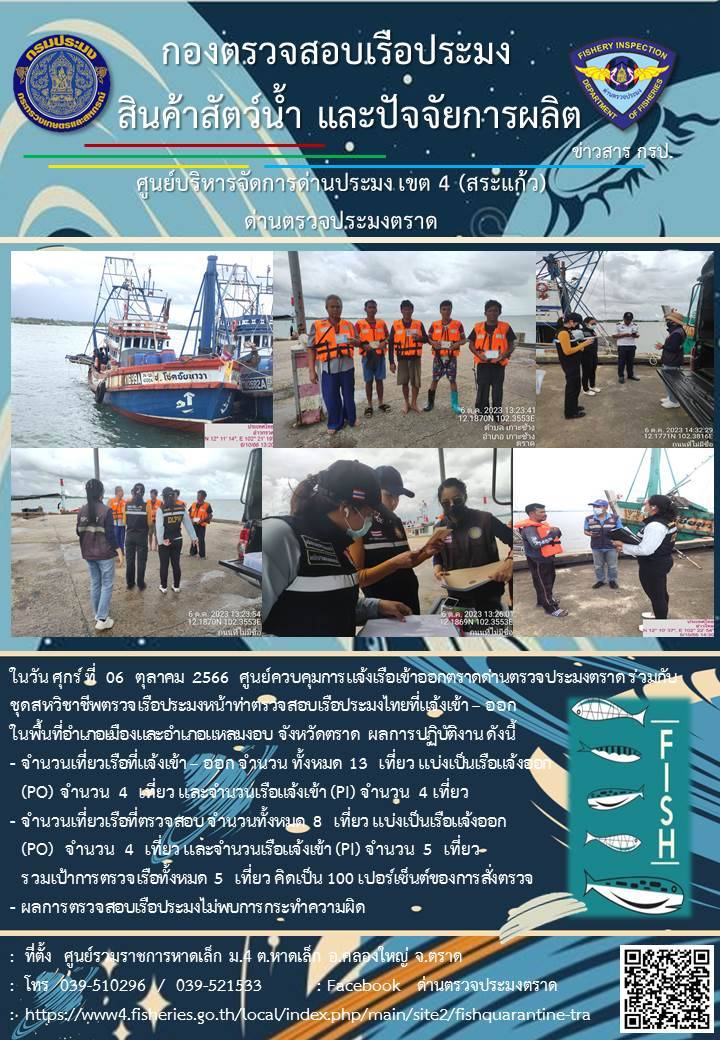 ผลการปฏิบัติงานของศูนย์ควบคุมการแจ้งเรือเข้าออกตราด ด่านตรวจประมงตราด ประจำวันที่ 6 ตุลาคม 2566..คลิก