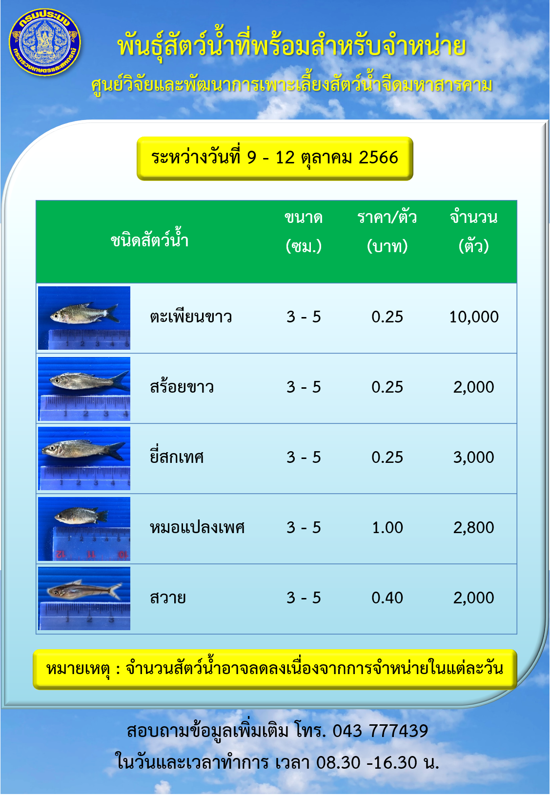 พันธุ์สัตว์น้ำที่พร้อมสำหรับจำหน่าย ระหว่างวันที่ 9 – 12 ตุลาคม 2566..คลิก