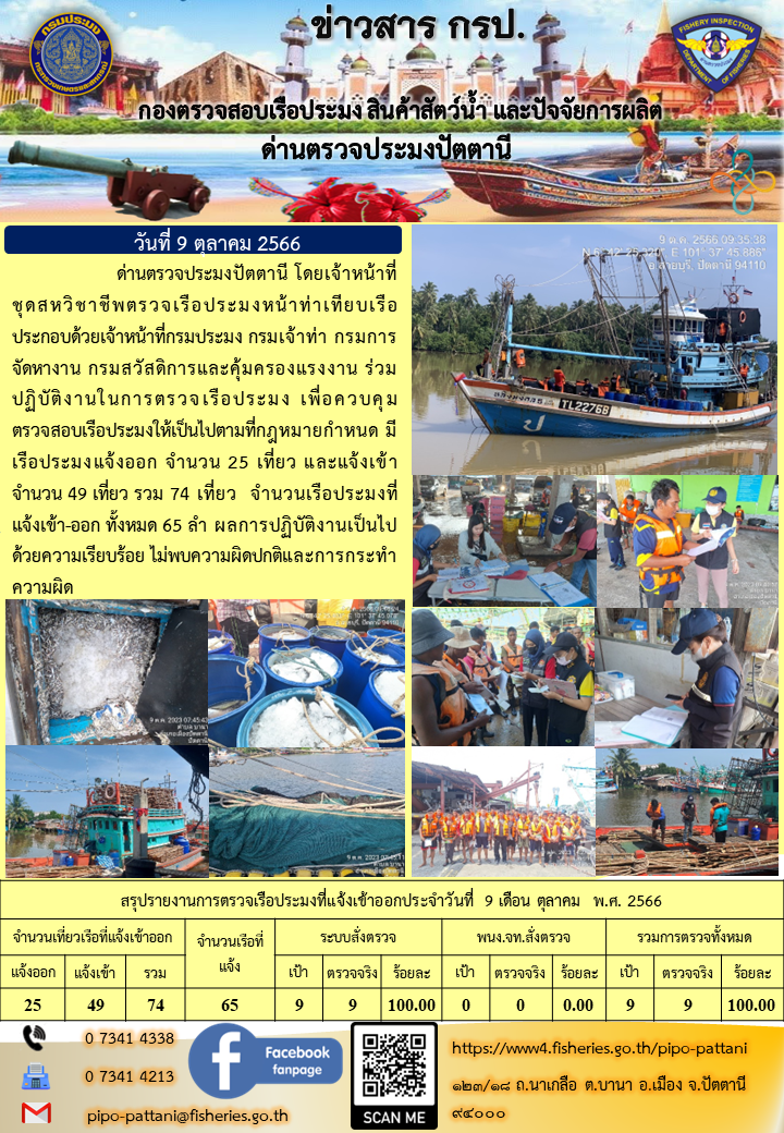 ข่าวสารการปฏิบัติงาน ด่านตรวจประมงปัตตานี วันที่ 9 ตุลาคม 2566..คลิก