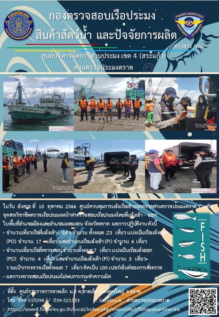 ผลการปฏิบัติงานของศูนย์ควบคุมการแจ้งเรือเข้าออกตราด ด่านตรวจประมงตราด ประจำวันที่ 10 ตุลาคม 2566..คลิก