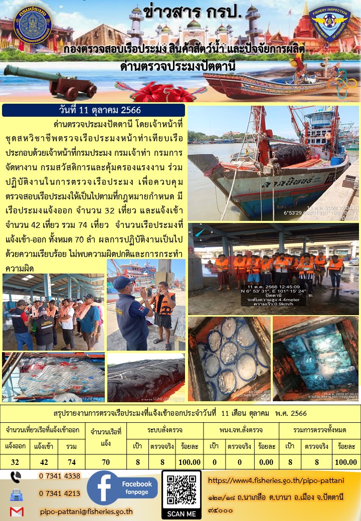 ข่าวสารการปฏิบัติงาน ด่านตรวจประมงปัตตานี วันที่ 11 ตุลาคม 2566..คลิก