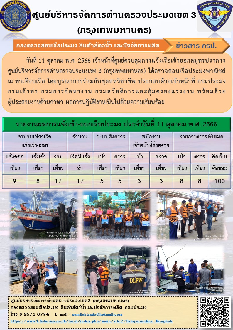ประชาสัมพันธ์ศูนย์บริหารจัดการด่านตรวจประมงเขต 3 (กรุงเทพมหานคร) ประจำวันที่ 12 ตุลาคม 2566..คลิก
