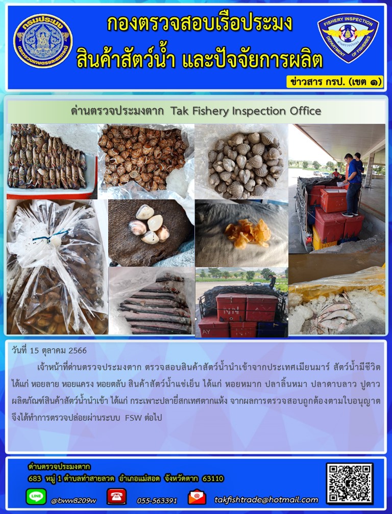 วันที่ 15 ตุลาคม 2566           เจ้าหน้าที่ด่านตรวจประมงตาก ตรวจสอบสินค้าสัตว์น้ำนำเข้าจากประเทศเมียนมาร์ สัตว์น้ำมีชีวิต ได้แก่ หอยลาย หอยแครง หอยตลับ สินค้าสัตว์น้ำแช่เย็น ได้แก่ หอยหมาก ปลาลิ้นหมา ปลาดาบลาว ปูดาว ผลิตภัณฑ์สินค้าสัตว์น้ำนำเข้า ได้แก่ กระเพาะปลายี่สกเทศตากแห้ง จากผลการตรวจสอบถูกต้องตามใบอนุญาต จึงได้ทำการตรวจปล่อยผ่านระบบ FSW ต่อไป..คลิก