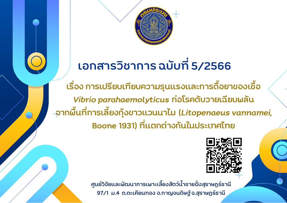 เอกสารวิชาการ ฉบับที่ 5/2566 เรื่อง การเปรียบเทียบความรุนแรงและการดื้อยาของเชื้อ Vibrio parahaemolyticus ก่อโรคตับวายเฉียบพลันจากพื้นที่การเลี้ยงกุ้งขาวแวนนาไม (Litopenaeus vannamei, Boone 1931) ที่แตกต่างกันในประเทศไทย
